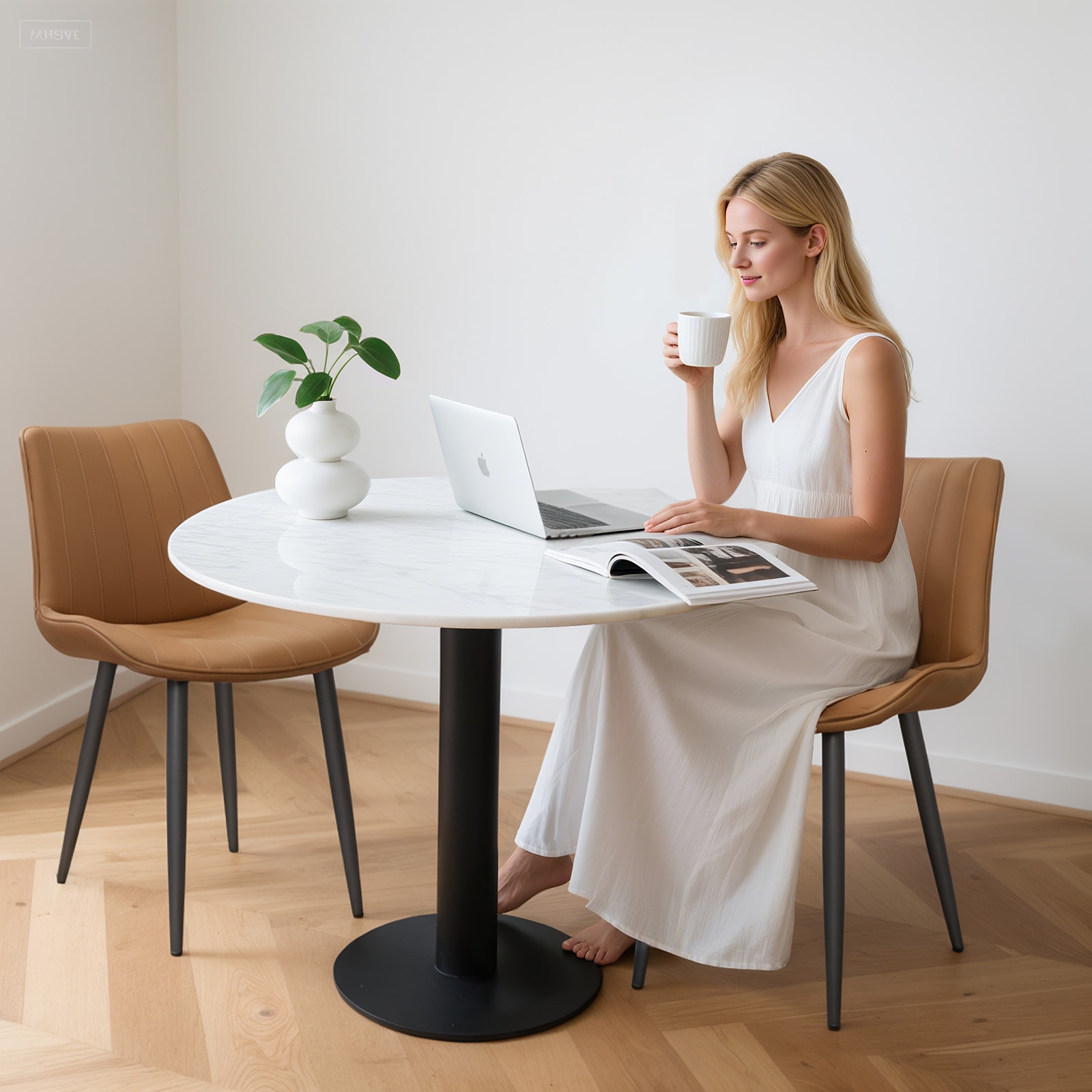 Brown PU Leather Dining Chair With Metal Legs, Wave Pattern Upholstered Armless Chair Set Of 6 For Kitchen, Restaurant, Living, Meeting Room_maomaolike.com